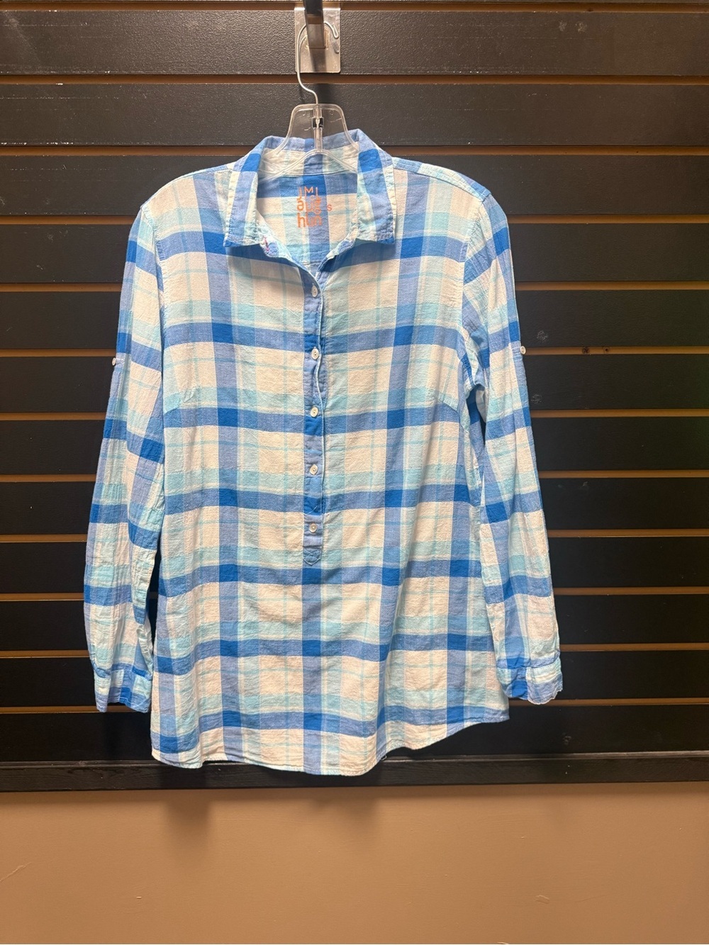 J McLaughlin Lightweight Blue Plaid Popover Shirt Small